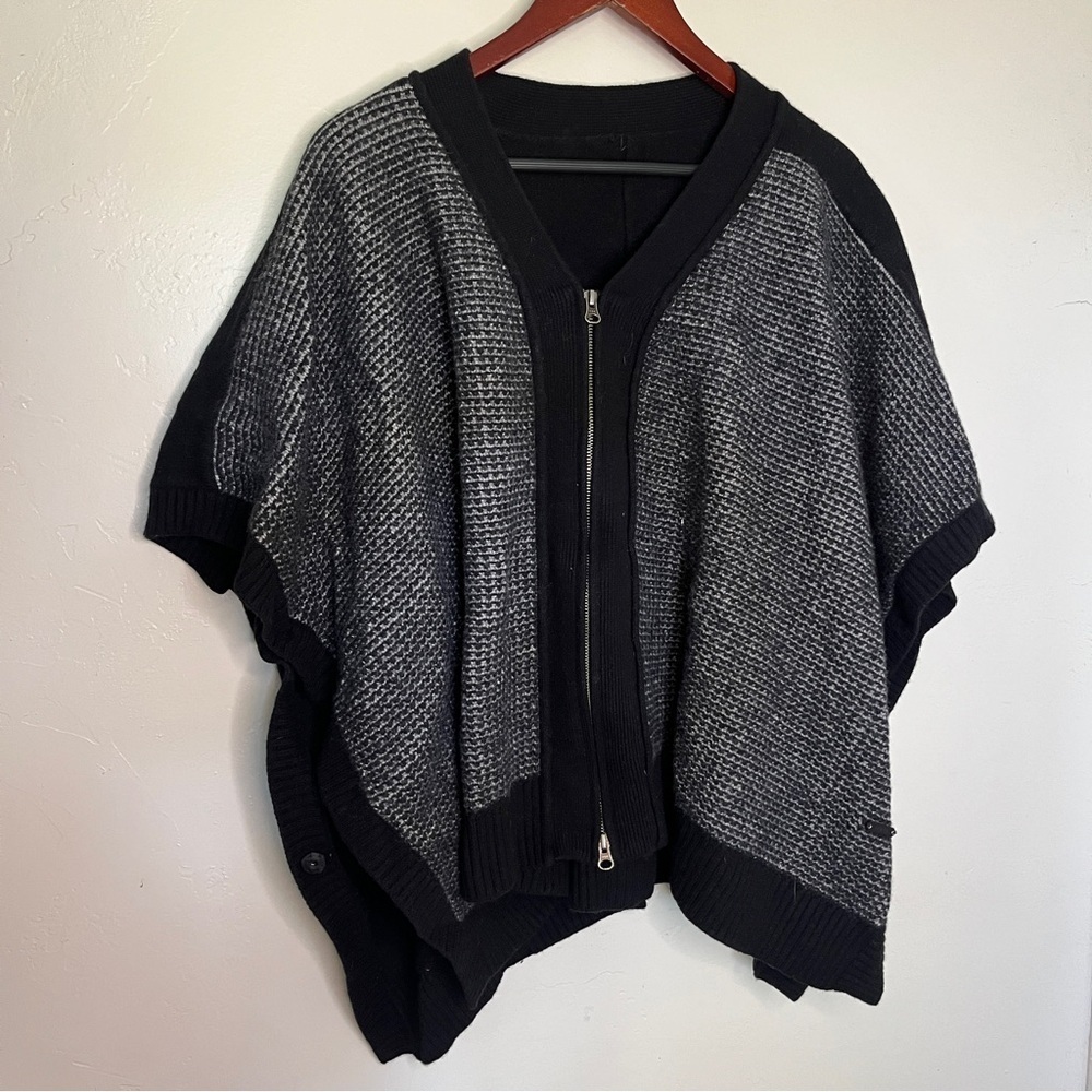 Fala Black Merino Wool Cozy Front Zip Knit Poncho Sweater